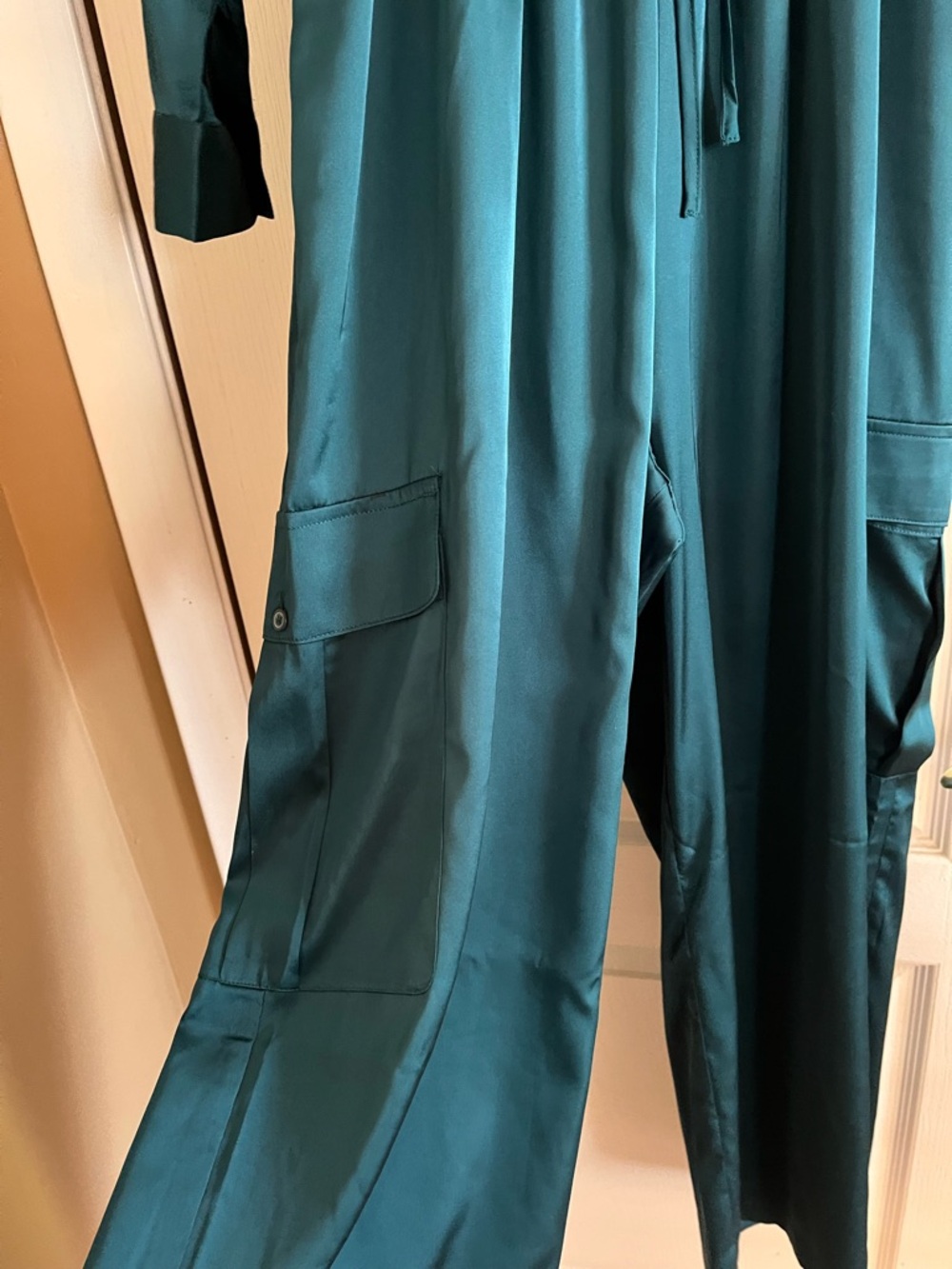 Express Teal Long-Sleeve Shirtwaist Jumpsuit with Drawstring Waist - Picture 4 of 4